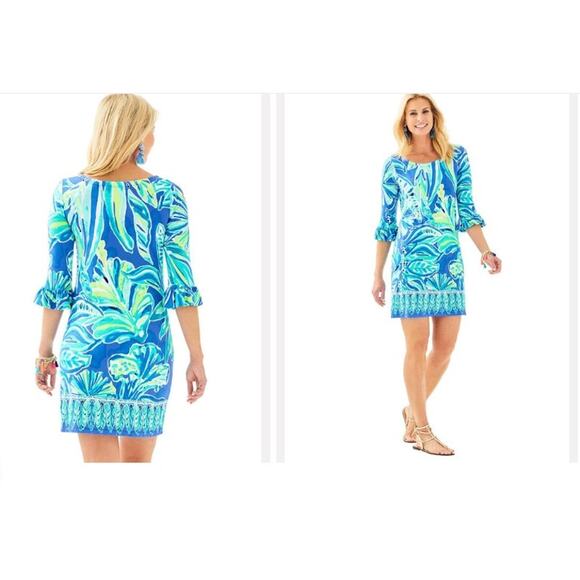 LILLY PULITZER UPF 50+ Sophie Ruffle‎ Dress Long Sleeve Shift Dress Blue XS - Picture 2 of 9